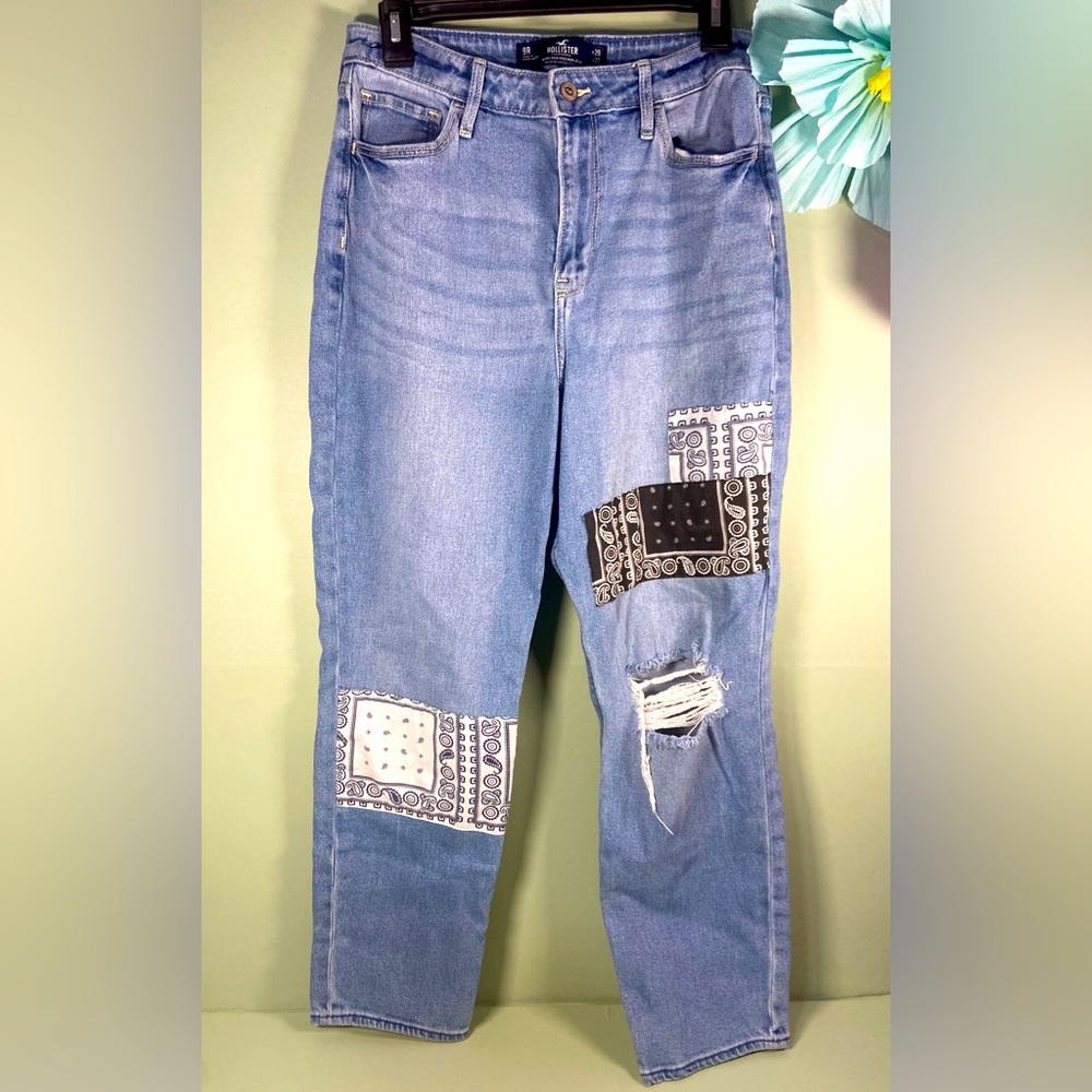 Hollister Light Blue Boyfriend Jeans with Paisley Patches